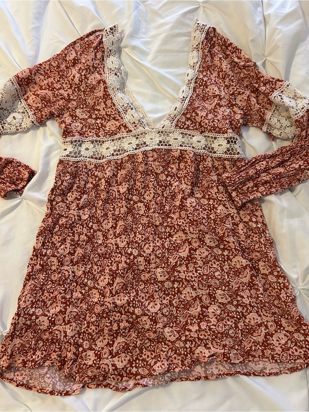 Trixxi Rust Floral Long-Sleeve Dress with Cream Lace Trim